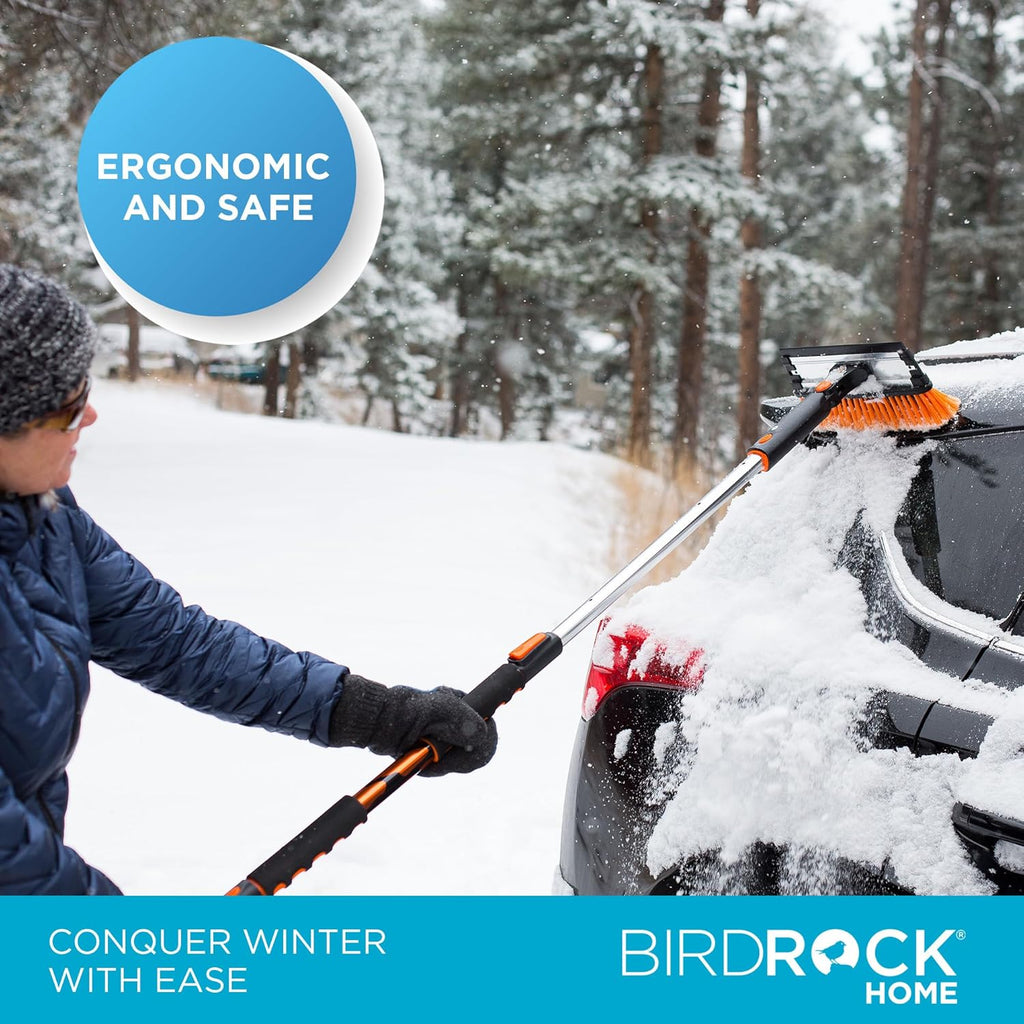 BIRDROC HOM 58inc Extendabl Sno Brus wit Detachabl Ic Scrape Heav Duty Non-Scratc fo Cars SUVs Truck Windshiel Pain Friendl Telescopin Handle Pivotin Squeege Bristl Head