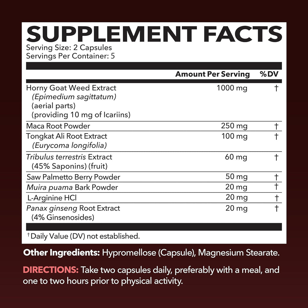 Unisex Horny Goat Weed Capsules for Men Women - Extra Strength Performance Energy Support with Tongkat Ali, Muira Puama, and Saw Palmetto - 10 Count - Herbal Supplement for Increased Endurance