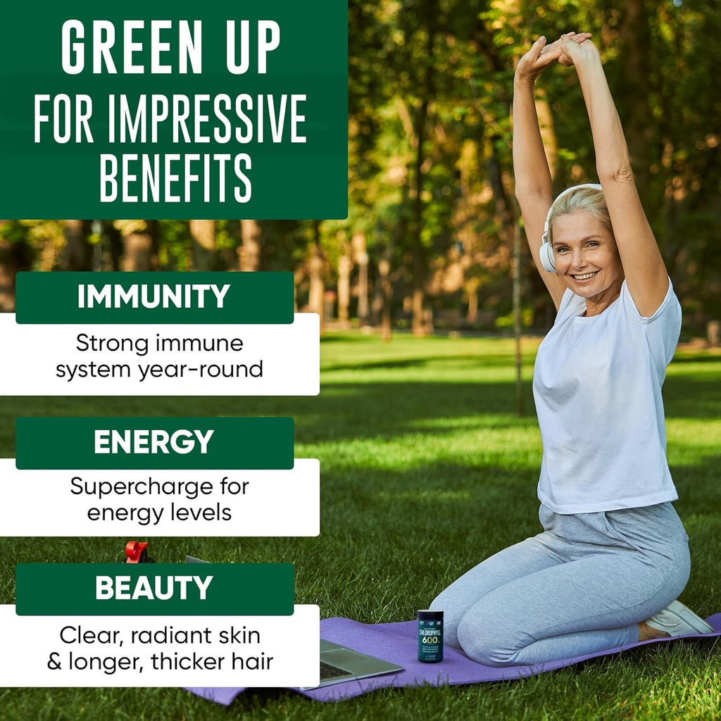 Chlorophyll Capsules 600 mg - Natural Chlorophyll Pills for Women Men - Highly BioAvailable Chlorophyll Supplement for Energy, Immunity, Skin + Internal Deodorant