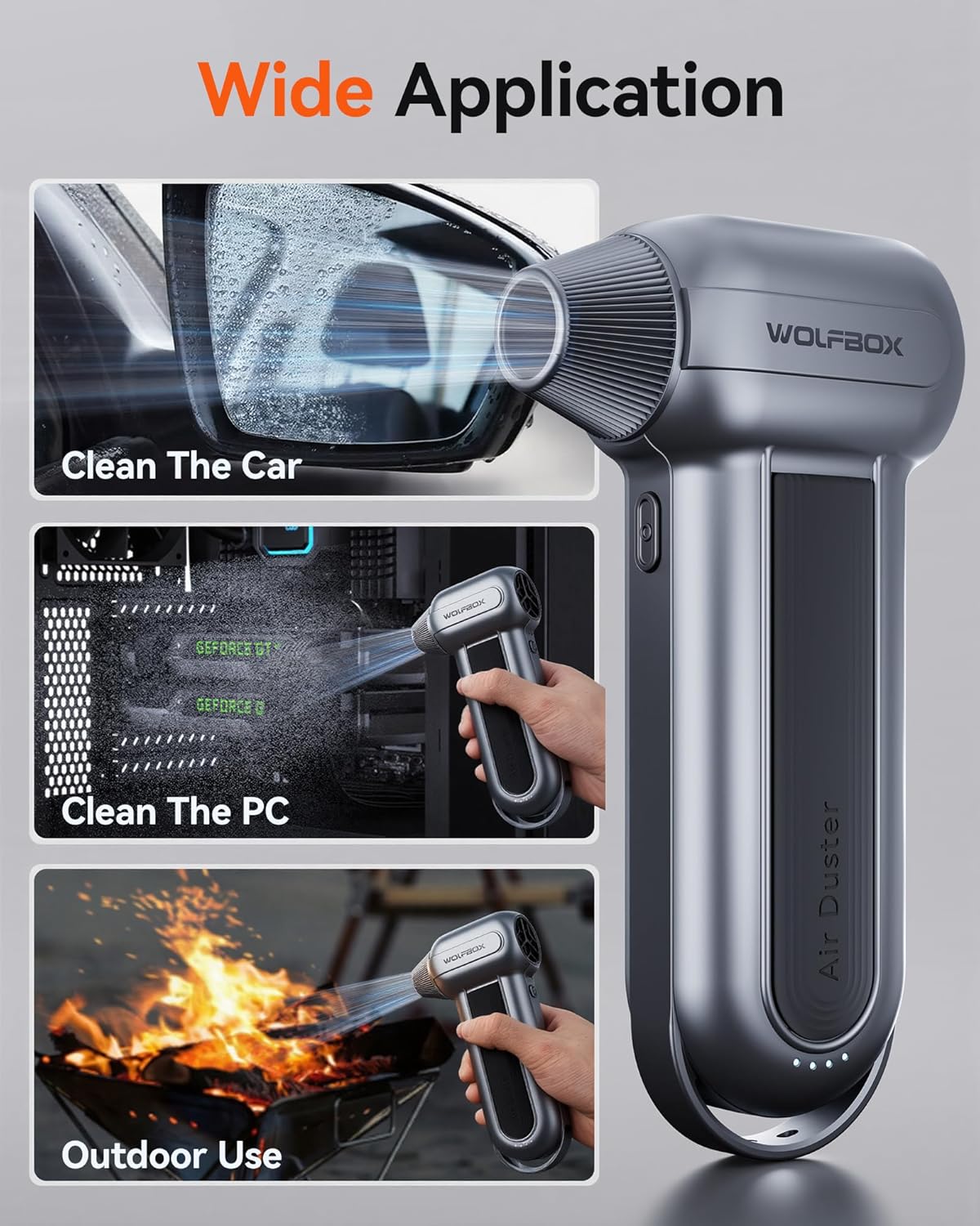 WOLFBO MF10 Electri Ai Duster-150000RP Supe Powe Cordles Ai Duster Rechargeabl Brushles Moto Durabl Blower 3-Gea Adjustabl Dus Blowe fo Computer Keyboard Outdoor Hous an Car