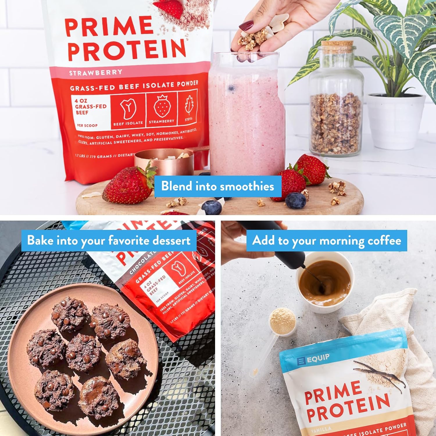Equip Foods Prime Protein Powder | Clean, Grass Fed Beef Protein Powder | Carnivore Protein Isolate | Paleo, Keto Friendly | Gluten Dairy Free | Helps Build Repair Tissue | 30 Servings, Strawberry