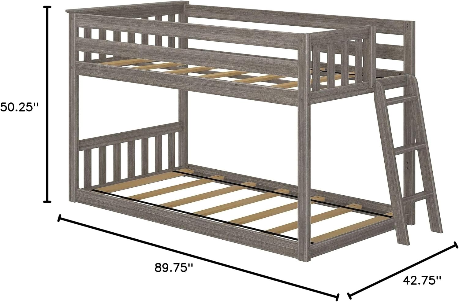 Max & Lily Low Bunk Bed, Twin-Over-Twin Bed Frame for Kids with Ladder on End, Clay