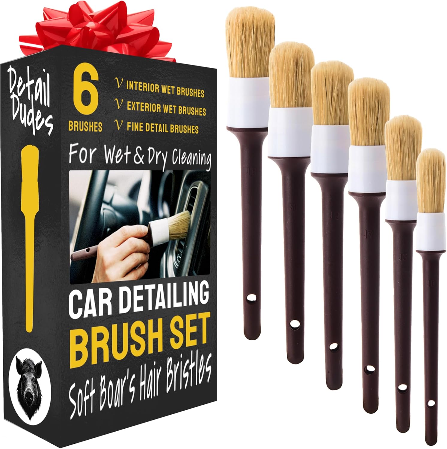 Soft Boar Hair Car Detailing Brush Set - 6-Pack - Scratch-Free Soft Bristle Cleaning Brushes - Reaches Tight Spots Interior Car Cleaning Kit - Ergonomic Durable Detailing Supplies