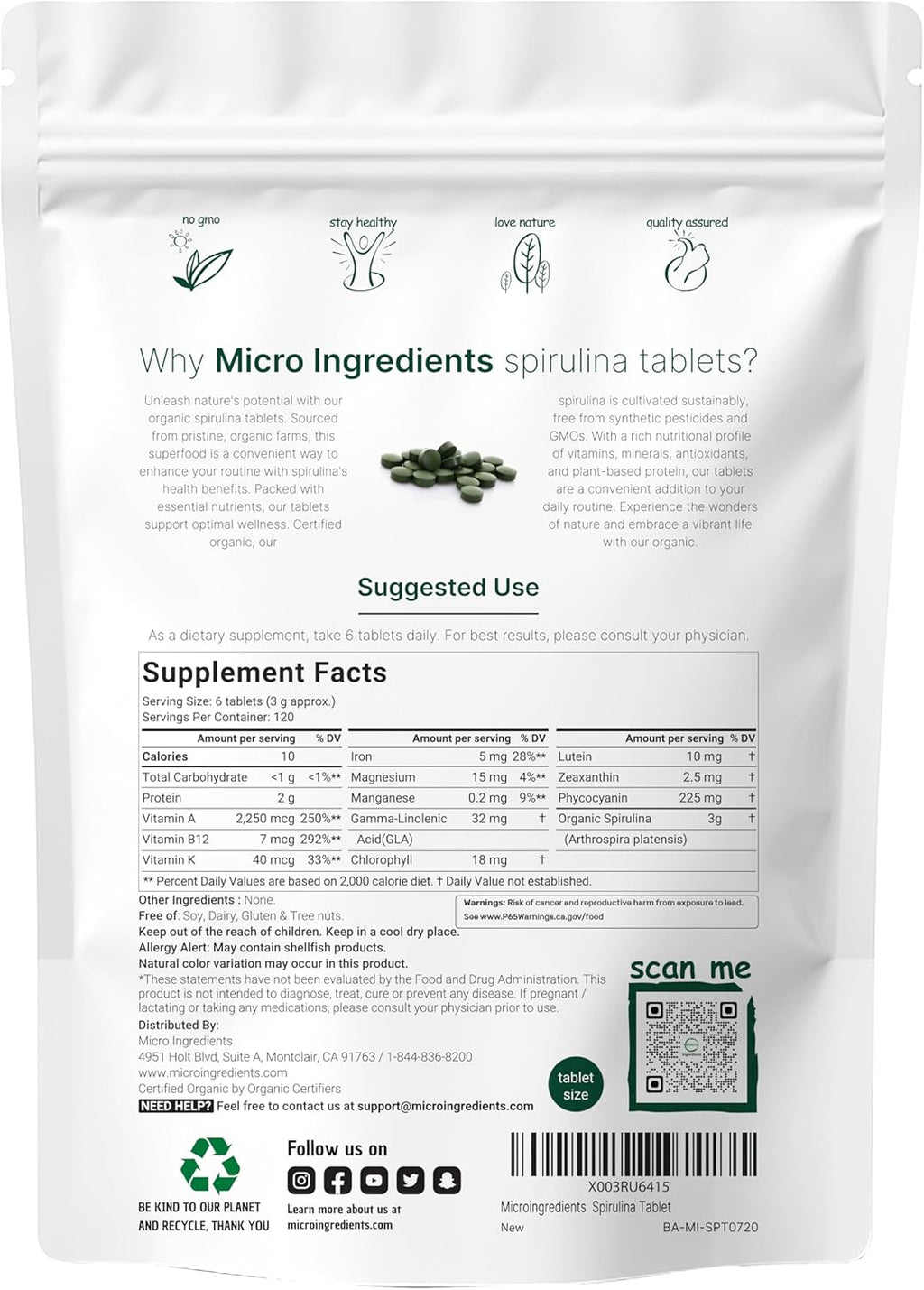 Micr Ingredient Organi Spirulin Supplement 3000M Pe Serving 72 Tablet ( Mont Supply) N Fille Non-GMO Ric i Vega Protein Vitamin Prebiotics Premiu Spirulin Pills