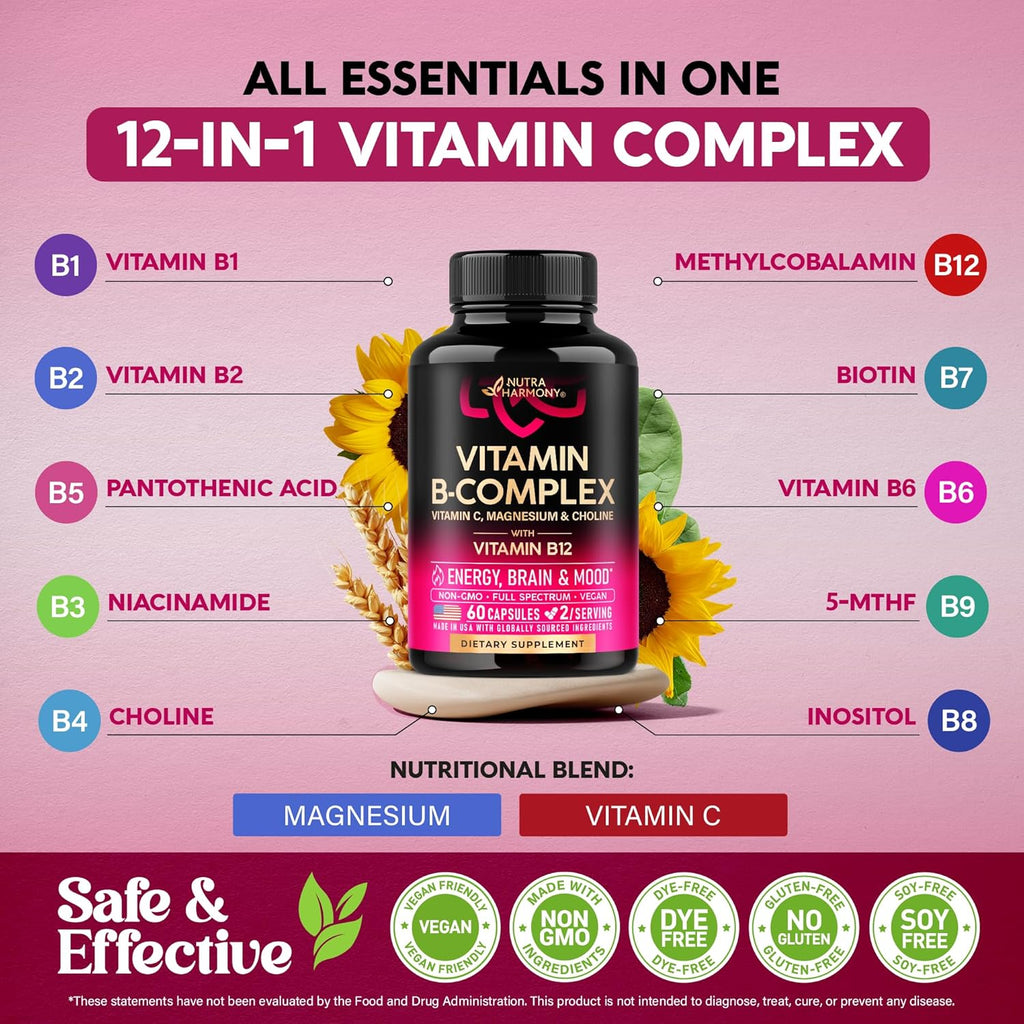 Vitamin B Complex for Men Women - Riboflavin B2, B12, B1, B3, B5, B6, B7, B8, B9 | Vitamin C, Choline, Inositol - B-Complex Supplement - Energy, Brain Heart Support - Made in USA, 60 Vegan Caps