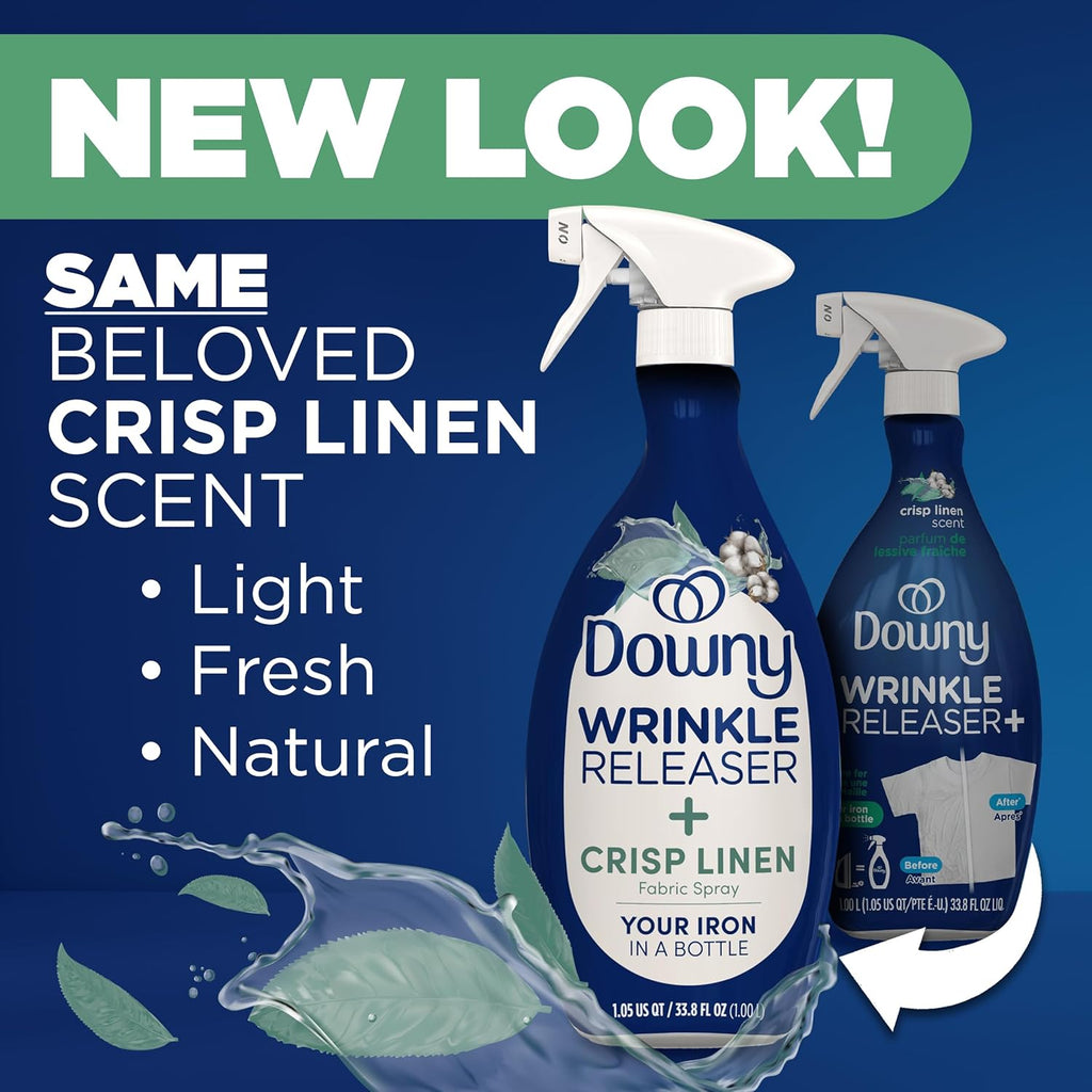 Downy Wrinkle Releaser Spray | All In One Wrinkle Release Spray, Odor Eliminator, Static Remover | Fabric Refresher Ironing Aid for Clothes | 16.9 Fl Oz (Pack of 2) 3 FL Oz, Crisp Linen Scent