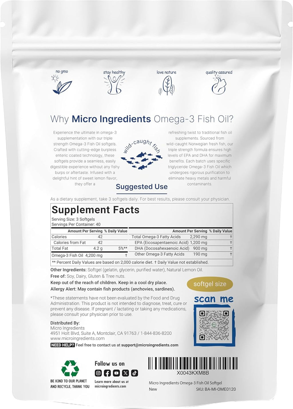 Micro Ingredients Triple Strength Omega 3 Fish Oil Supplements 4200mg Per Serving, 120 Softgels ¨C Lemon Flavored ¨C Burpless | EPA 1200mg + DHA 900mg | Deep Sea Fish