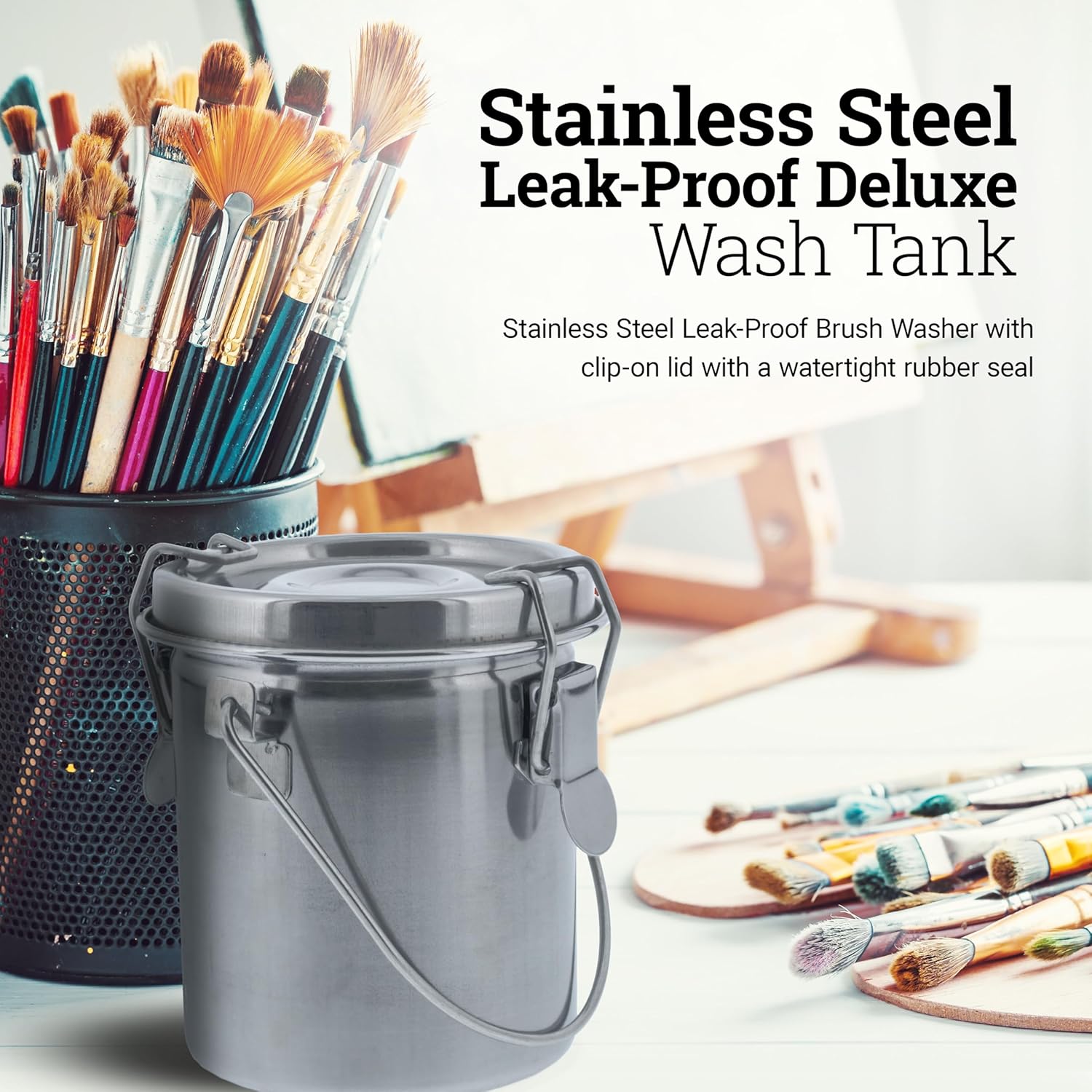 U.S Ar Suppl Stainles Stee Leak-Proo Delux Pain Brus Washe wit Was Tank Clip-O Lid an Straine Cu Oi Pain Brus Cleane fo Artists