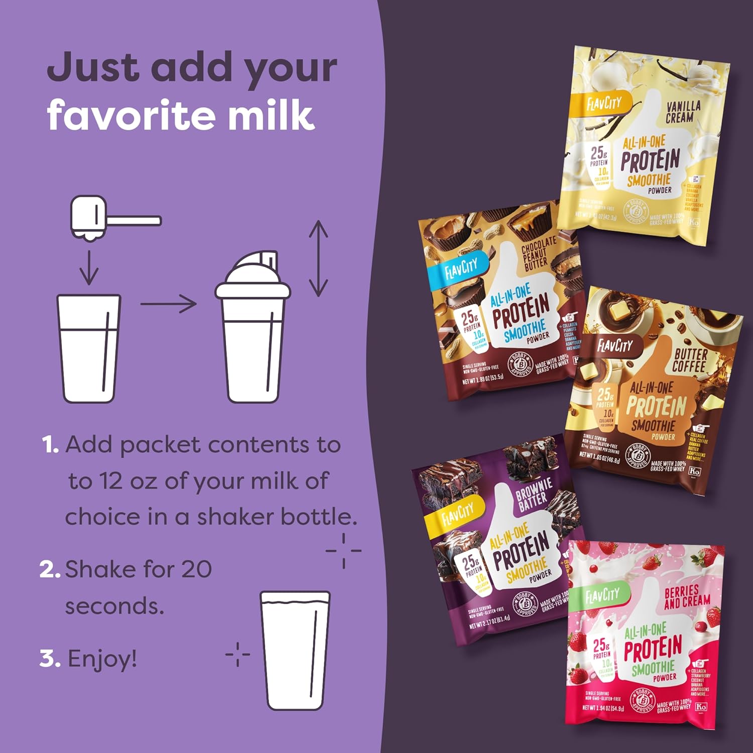 FlavCity Grass Fed Whey Protein Powder - Variety Pack - 25g Protein 10g Collagen - 5 Single Serve Packets - Made with Organic Reishi Cordyceps - Gluten Free No Added Sugars