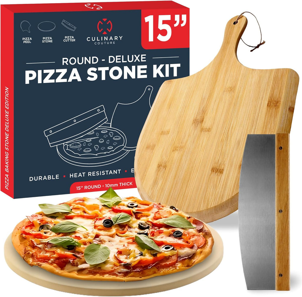 3PCS Round Pizza Stone for Oven Set 15inch - Comes with Pizza Peel for Oven and Cutter - Cordierite Stones for Bread, Calzone, Cookies