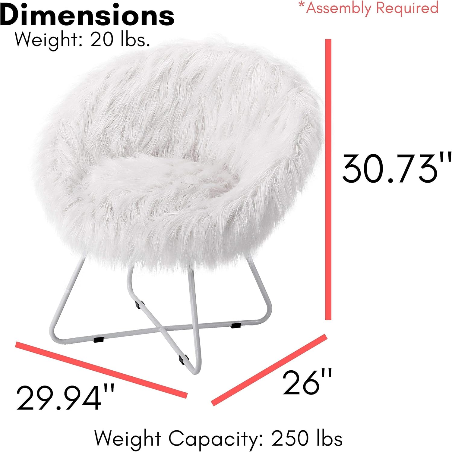 BIRDROCK HOME Papasan Chair with Silver Legs - Oversized Comfy Cushion for Indoor Lounge, Bedroom, Dorm, or Living Room - Cozy Fuzzy Seat - Metal Frame - Large Circle Lounge Chair, Patio Chair - White