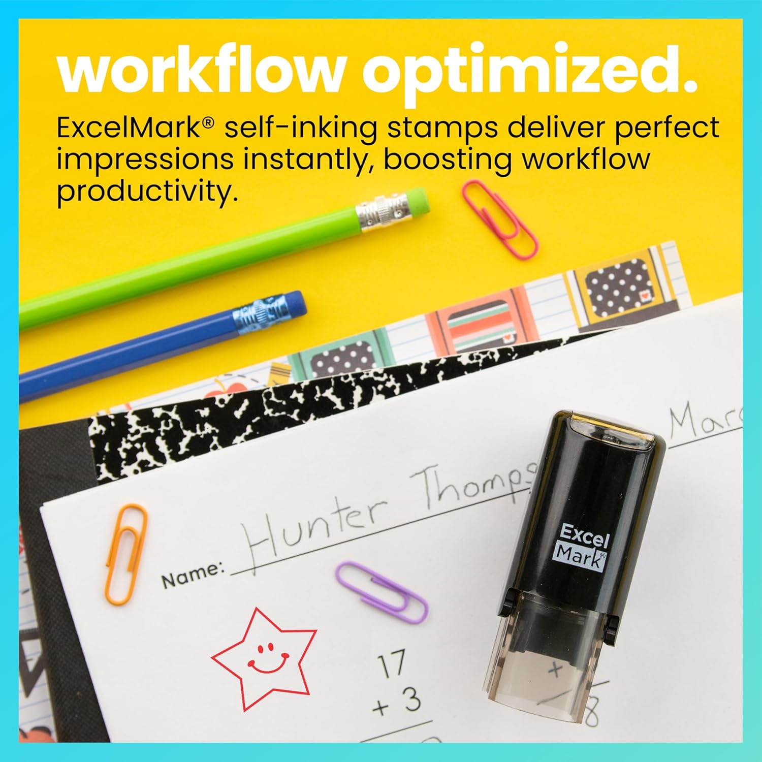 ExcelMark Round Teacher Stamp - Happy Star - RED Ink