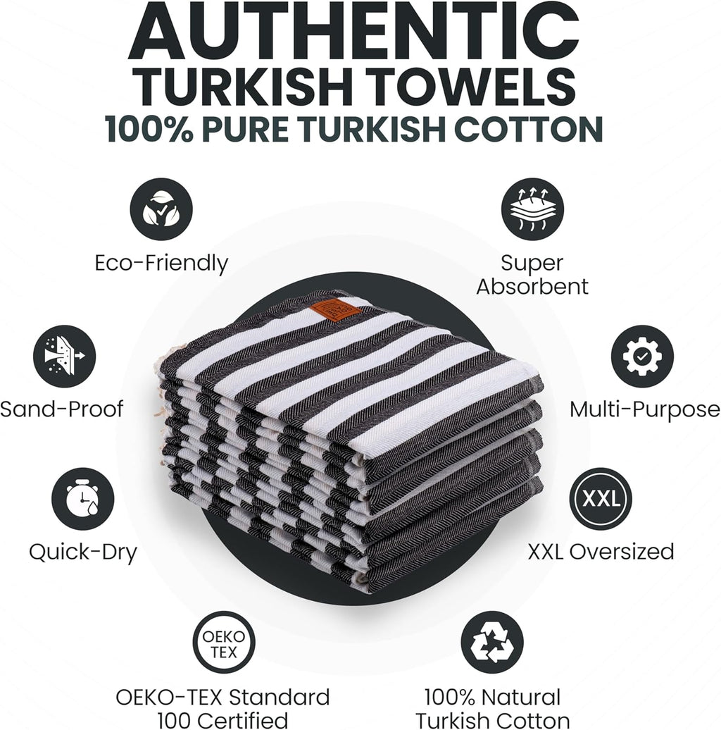 Gold CASE Turkish Beach Towel Set of 5 ¨C 100% Cotton Beach Towels Oversized 71 x 40'' ¨C MYRA Quick Dry Swim Towel ¨C Lightweight Turkish Towels Set in Black