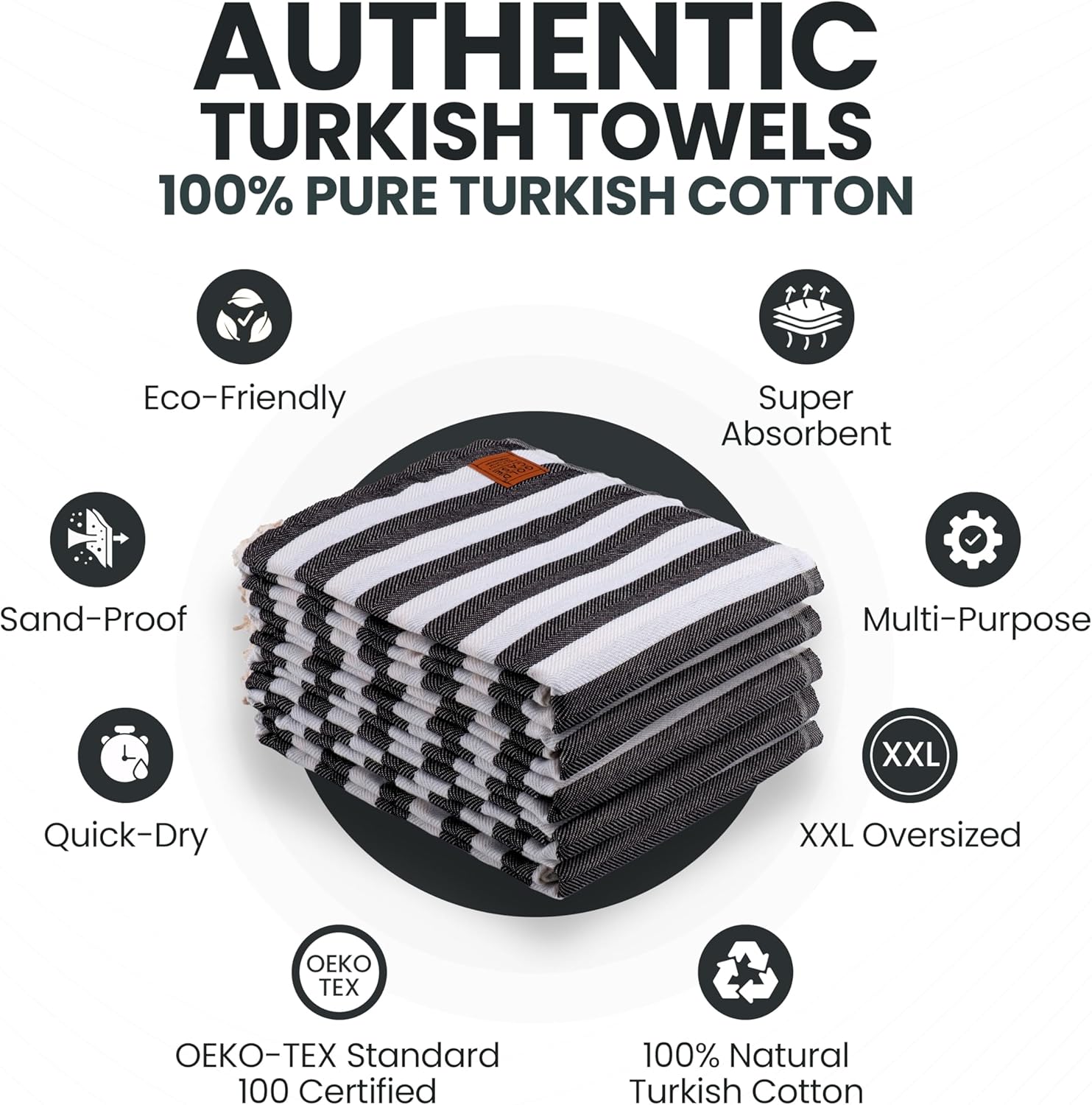 Gold CASE Turkish Beach Towel Set of 5 ¨C 100% Cotton Beach Towels Oversized 71 x 40'' ¨C MYRA Quick Dry Swim Towel ¨C Lightweight Turkish Towels Set in Black