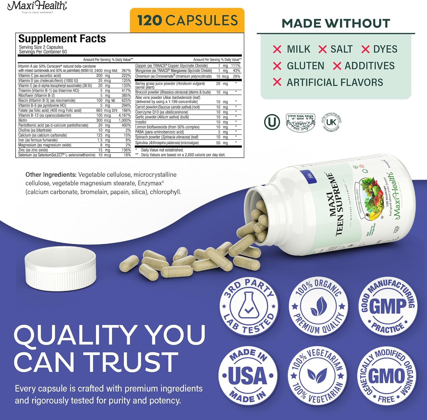 Maxi Health Multivitamin for Him ¨C Boys Vitamins for Ages 12¨C17 Teen Supreme ¨C Men¡¯s Multivitamin for Energy, Immune Boost, Body Brain Includes D3, Iron, Calcium, Digestive Enzymes (120 Count)