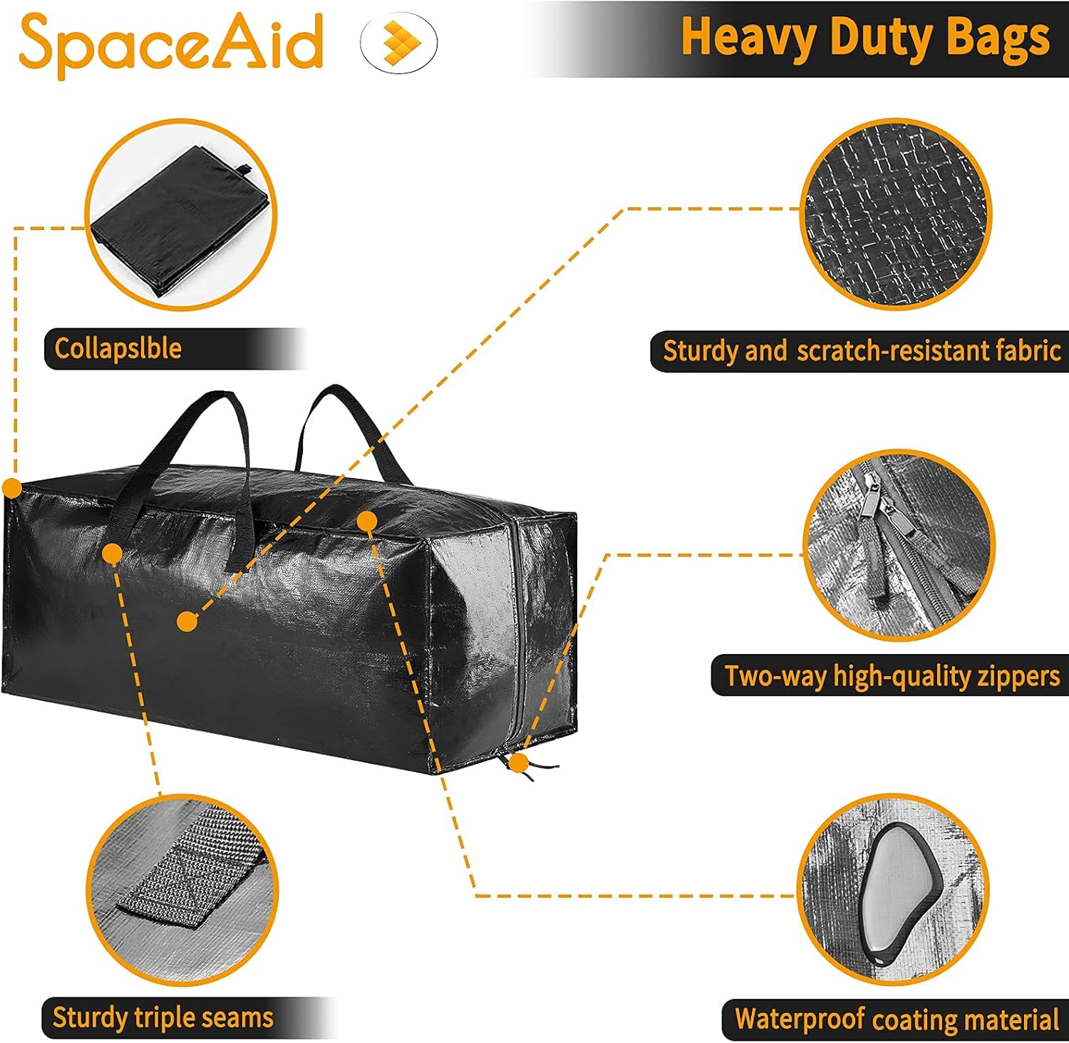 SpaceAid Heavy Duty Moving Bags, Extra Large Storage Totes W/Backpack Straps Strong Handles Zippers, Alternative to Moving Boxes, Packing Moving Supplies, Black (4 Pack)