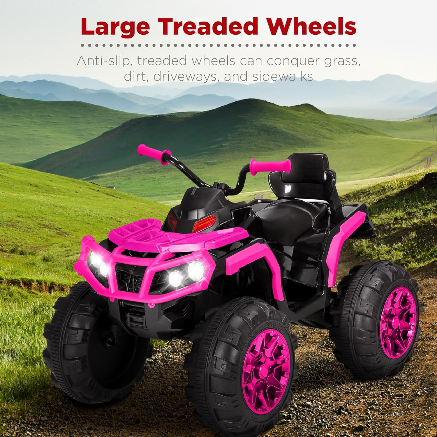 Best Choice Products 12V Kids Ride-On Electric ATV, 4-Wheeler Quad Car Toy w/Bluetooth Audio, 3.7mph Max Speed, Treaded Tires, LED Headlights, Radio - Hot Pink