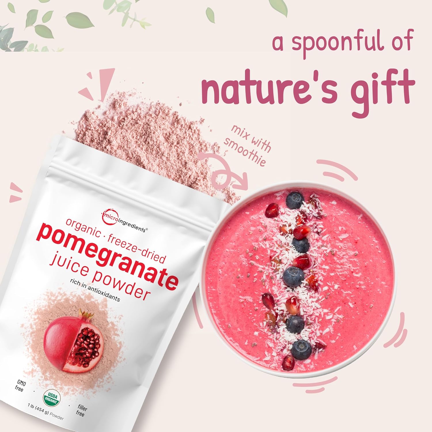 Organi Pomegranat Juic Powder Poun 100 Natura Frui Powde Freez Drie Col Presse N Suga Additive Grea Flavo fo Drinks Smoothie Beverage Non-GM Vega Friendly