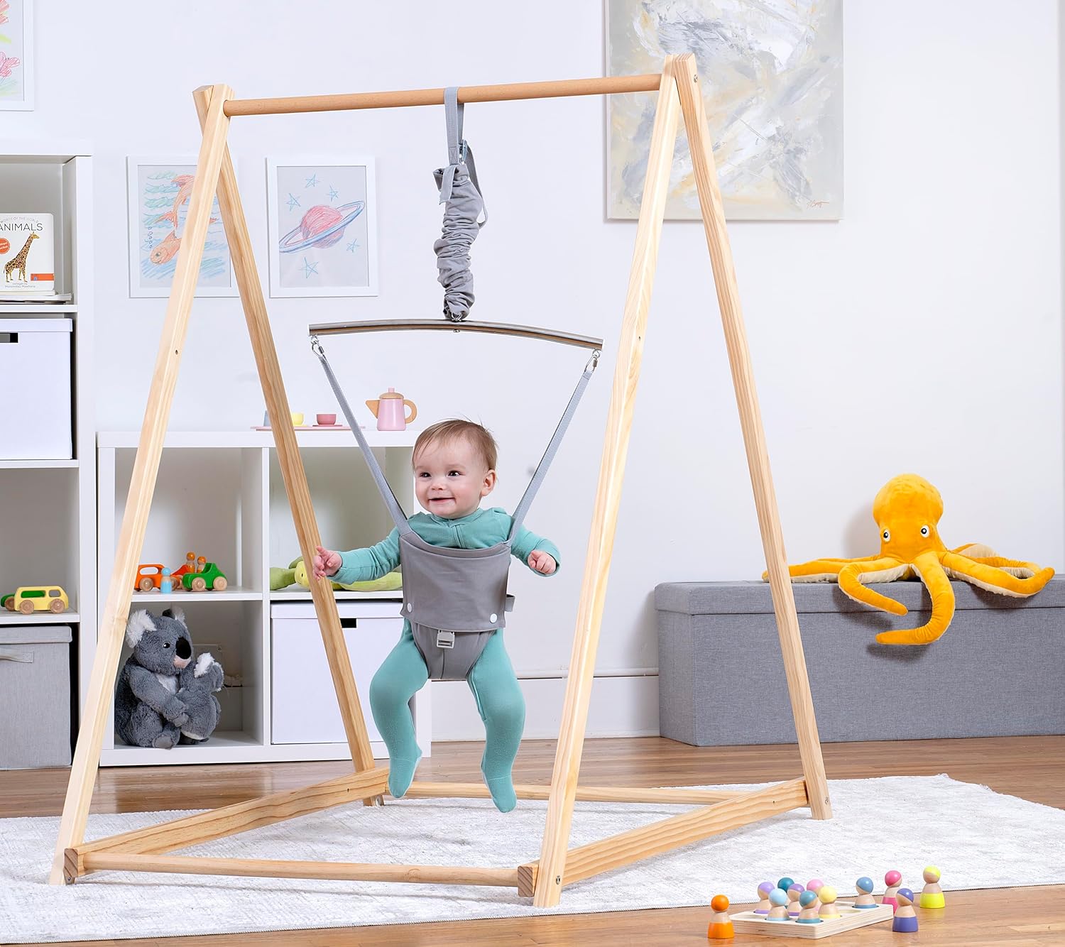 Avenlu Tuli Bab Bounce Foldabl Bab Jumpe wit Stan Sel Standin Bounce fo Childre Month t Year Bab Bounce Sea (Gray)