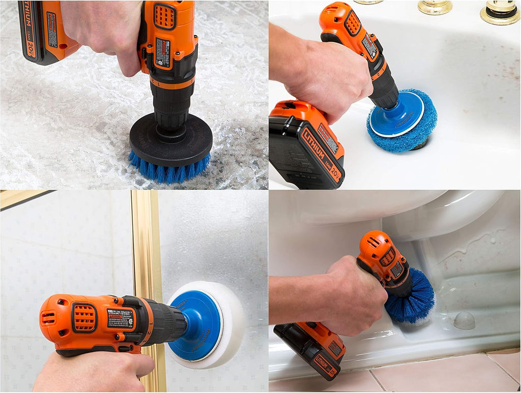 RevoClea Piec Scru Brus Powe Dril Attachments-Al Purpos Tim Savin Kit-Perfec fo Cleanin Grout Tile Counter Shower Grill Floor Kitchen Blu White