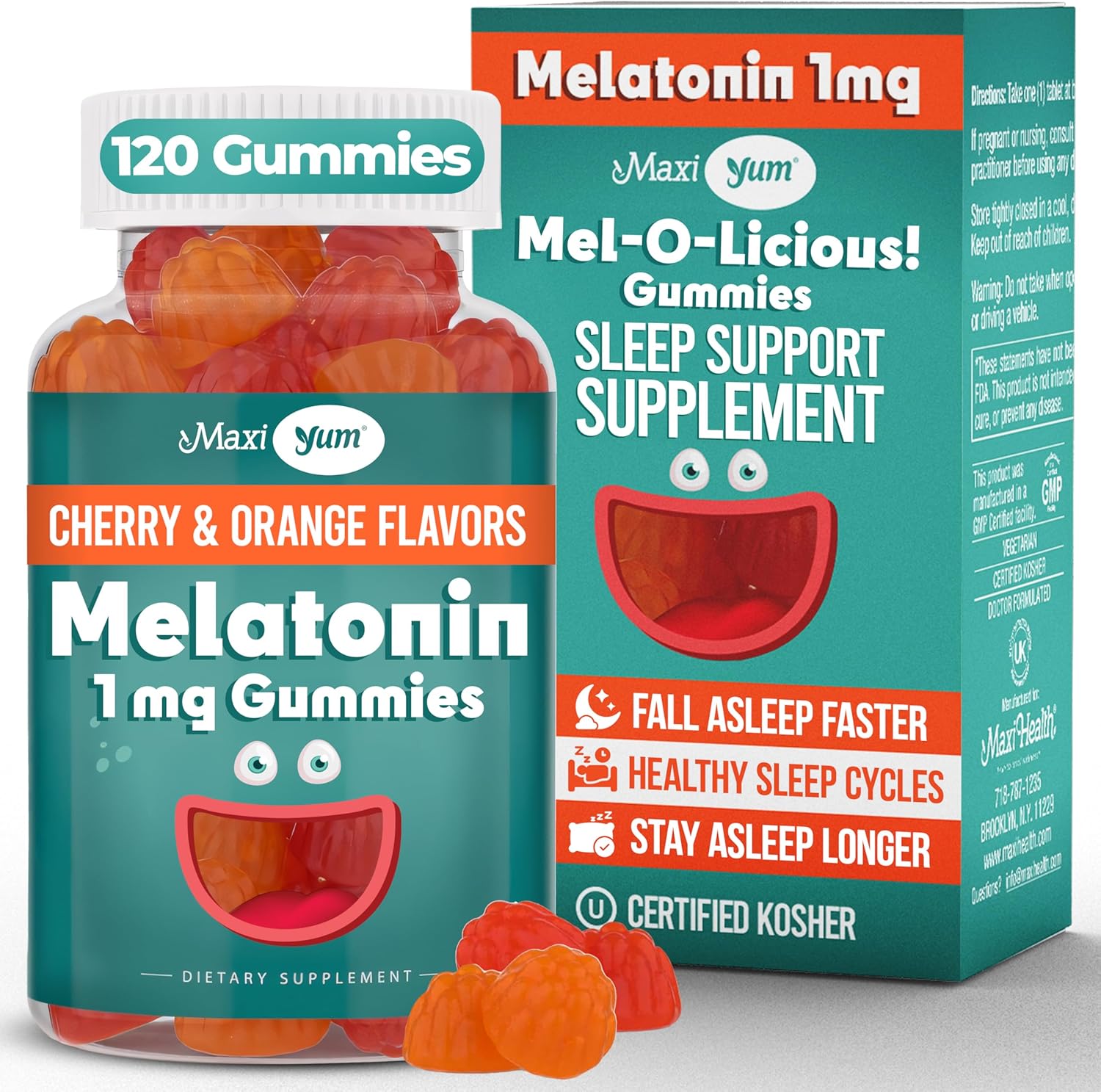 Maxi Health 1mg Melatonin Gummies ¨C Kids Melatonin Chewables with Natural Cherry Orange Flavor ¨C Adult and Baby Sleep Help Supplement to Support Restful Nights (120 Count)