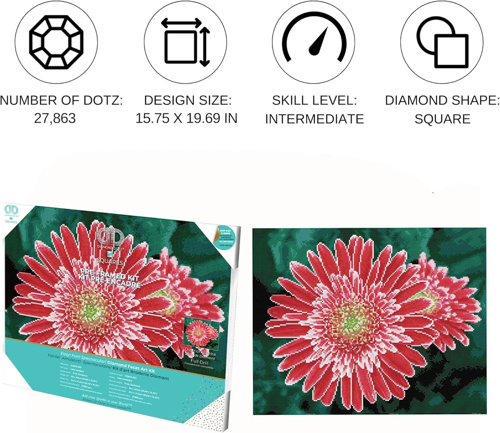 DIAMON DOT Pin Gerbera Pre-Frame Ki Flowe Diamon Paintin Kit fo Adult Diamon Ar Kit Relaxin Creativ Craf Ki wit Dot Gem 19.7inchx15.7inch