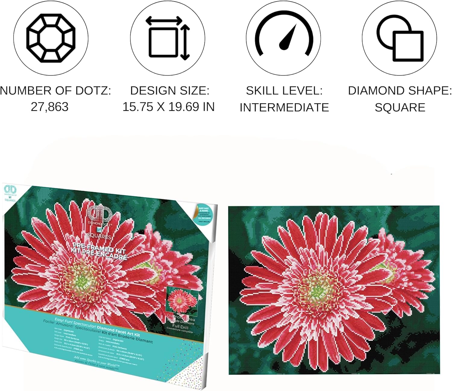 DIAMON DOT Pin Gerbera Pre-Frame Ki Flowe Diamon Paintin Kit fo Adult Diamon Ar Kit Relaxin Creativ Craf Ki wit Dot Gem 19.7inchx15.7inch