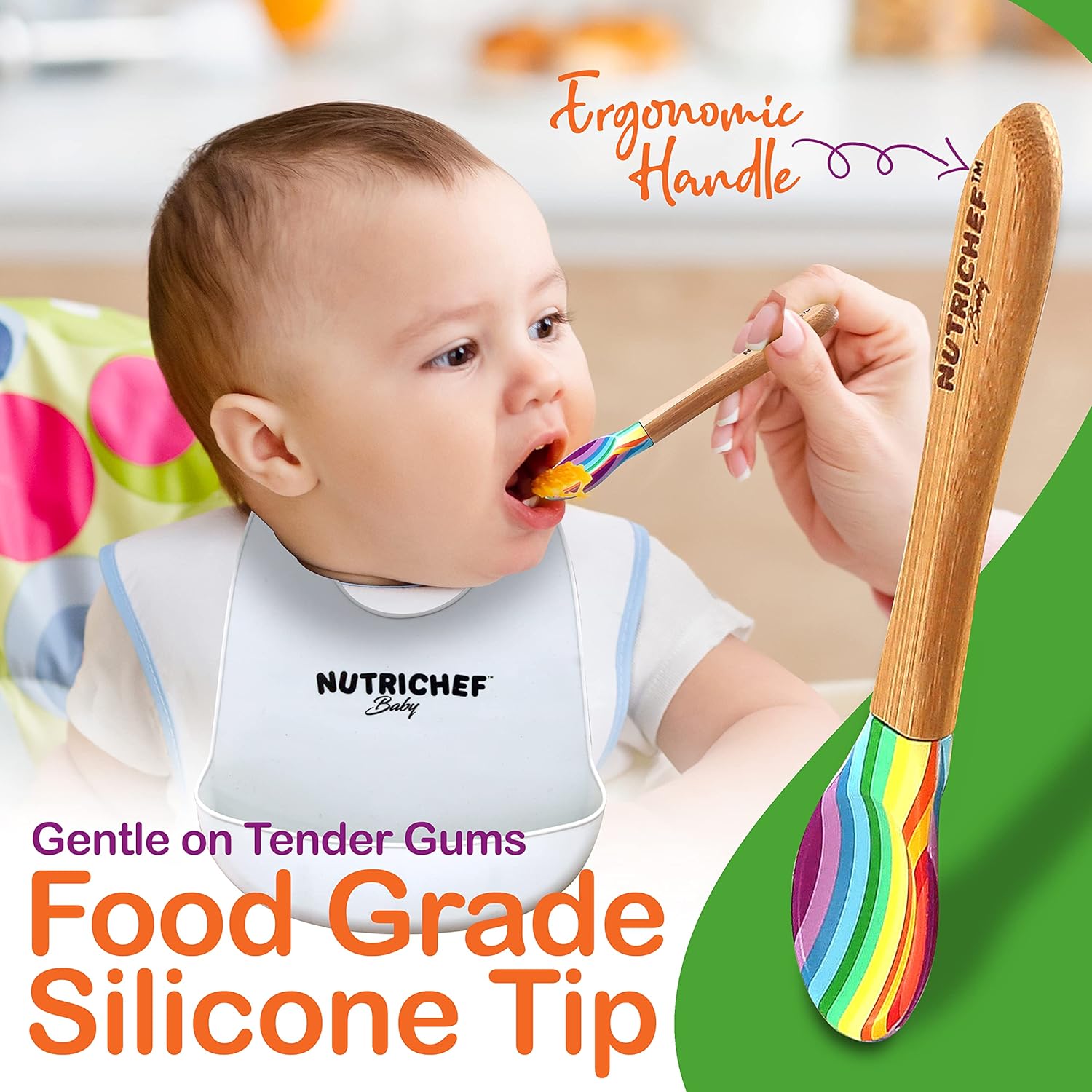 NutriChe Bab an Toddler compartmen plate bowl an spoo feedin set silicon suction Non-toxi al natura Bambo bab foo plat wit silicon bi (Rainbow) Small