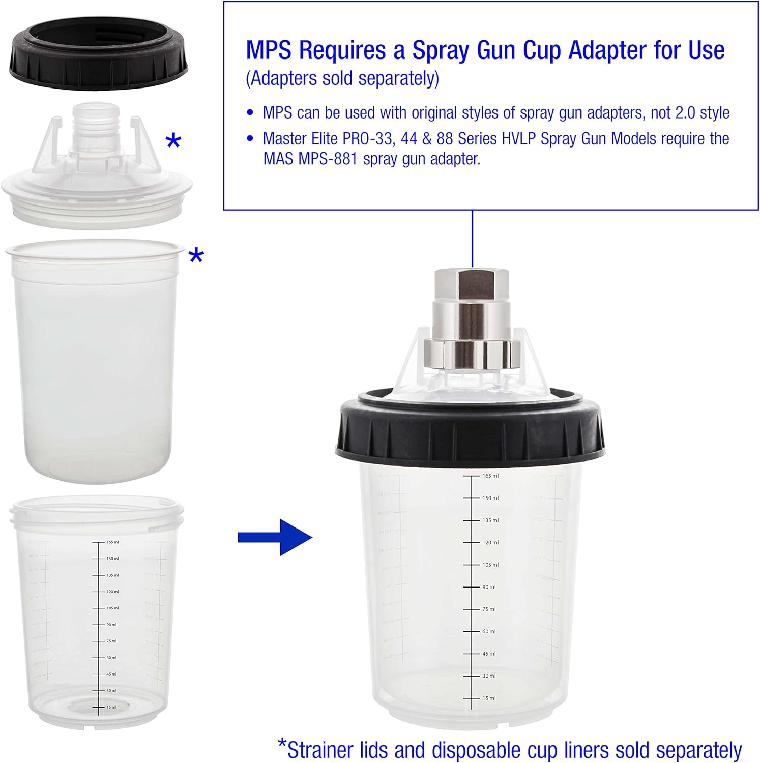 Master Paint System MPS, 4 Pack Set of Mini Size 6 Ounce (180ml) Hard Cups and Retainer Rings - 4 Hard Cups and 4 Rings for Use with The MPS Disposable Paint Spray Gun Cup Liners and Lid System