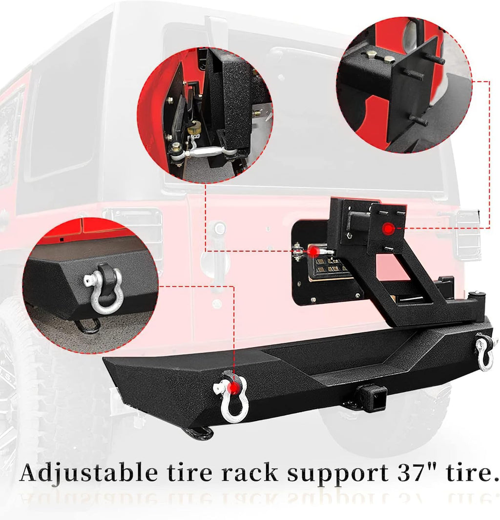 LEDKINGDOMUS Rear Bumper with Tire Carrier and 2inch Hitch Receiver Compatible with 07-18 Wrangler JK JKU Rubicon Sahara Sports Model Offroad Rock Crawler Bumper Textured Black