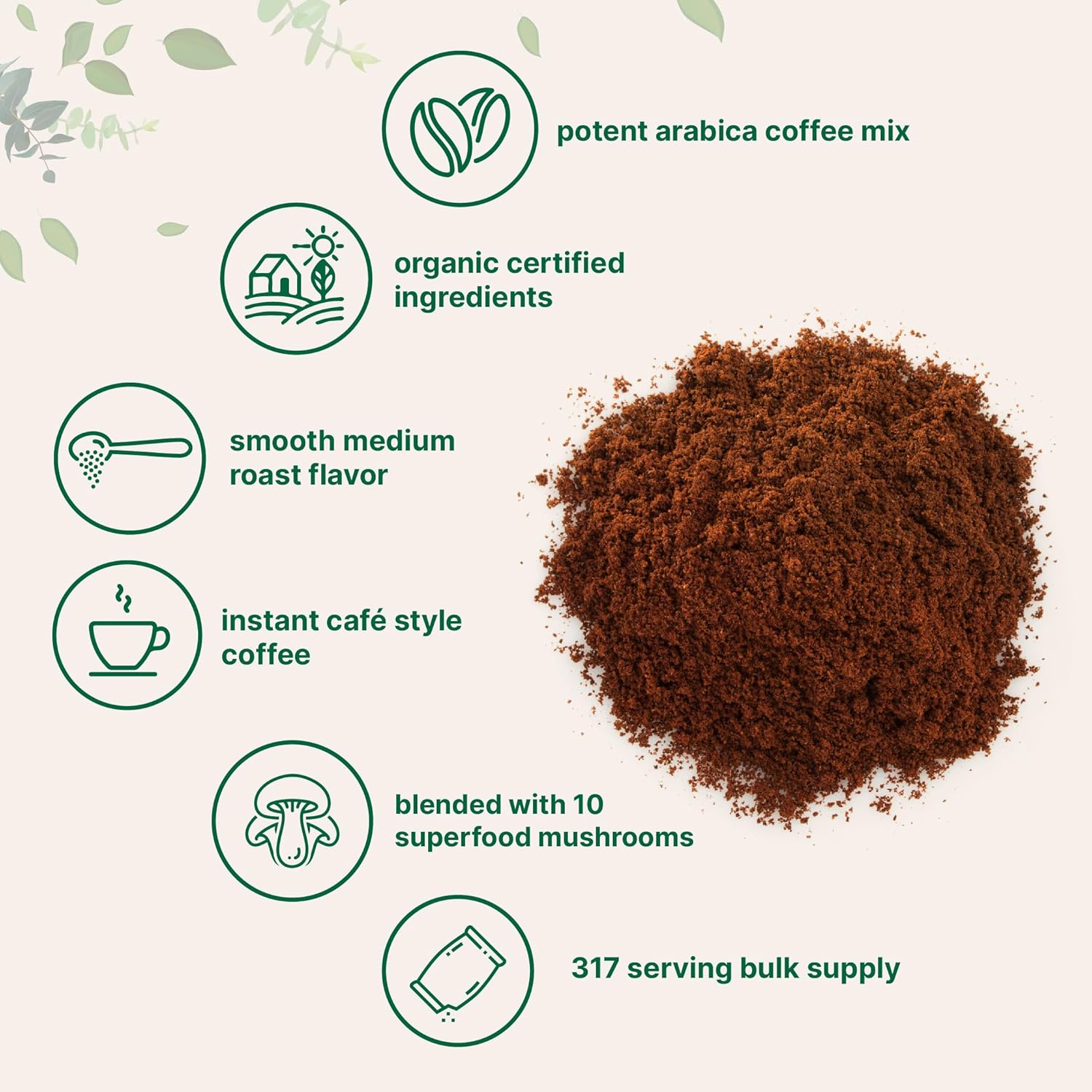 Organic Instant 10 in 1 Mushroom Coffee Powder, 28 Ounce (317 Servings) | Weight Immune Support | Premium Arabica Coffee with Lion¡¯s Mane, Chaga, Reishi,More