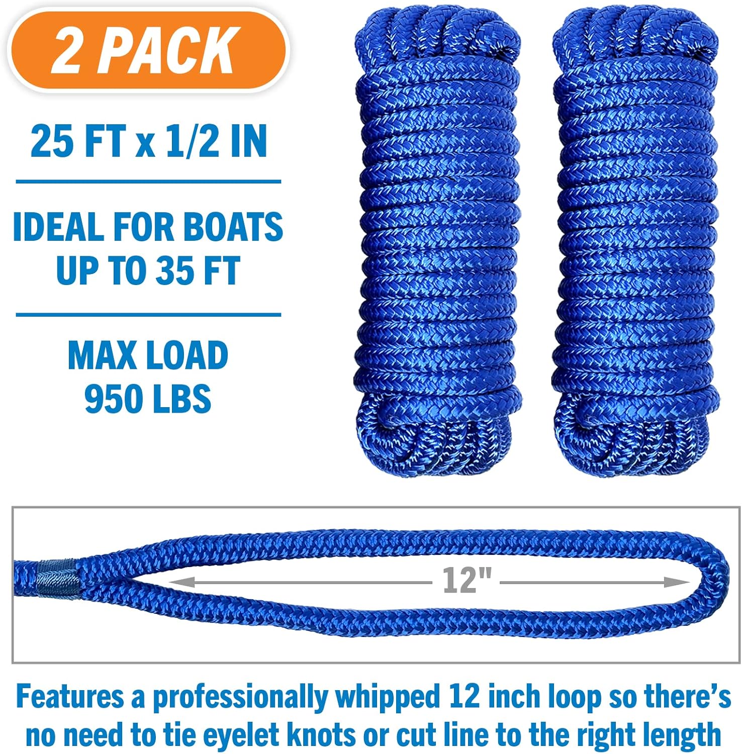 Boat Dock Lines, 1/2 Inch Braided Nylon Rope, 25 ft Mooring Marine Docking Lines with Loop, Royal Blue, 2 Pack