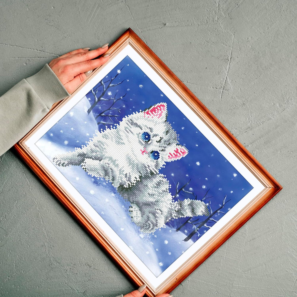 DIAMON DOT Kitte i Th Sno wit Fram Ca Diamon Paintin Kit fo Adult Diamon Ar Kit Relaxin Creativ Craf Ki wit Dot Gem 14inchx11inch