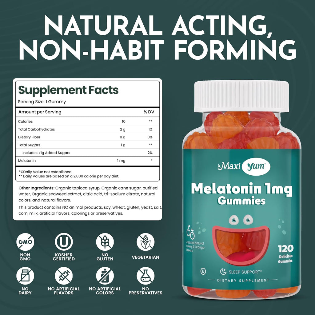 Maxi Health 1mg Melatonin Gummies ¨C Kids Melatonin Chewables with Natural Cherry Orange Flavor ¨C Adult and Baby Sleep Help Supplement to Support Restful Nights (120 Count)