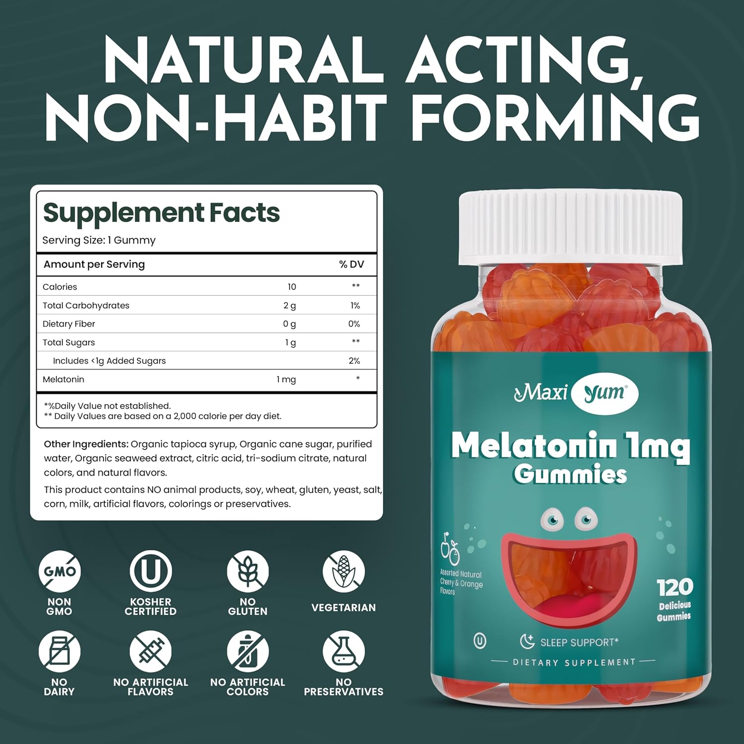 Maxi Health 1mg Melatonin Gummies ¨C Kids Melatonin Chewables with Natural Cherry Orange Flavor ¨C Adult and Baby Sleep Help Supplement to Support Restful Nights (120 Count)