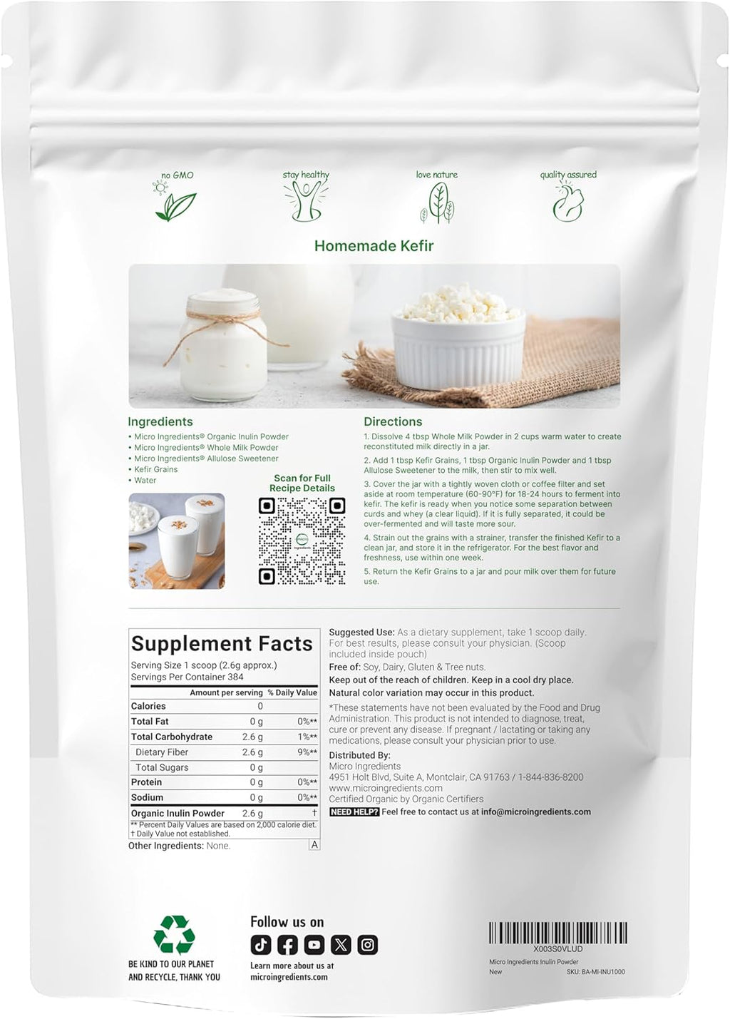 Micro Ingredients Organic Inulin FOS Fiber Powder, 2.2 lbs | Quick Water-Soluble Prebiotic | Natural Fiber for Smoothies Drinks | Vegan Friendly, Dissolves Clear
