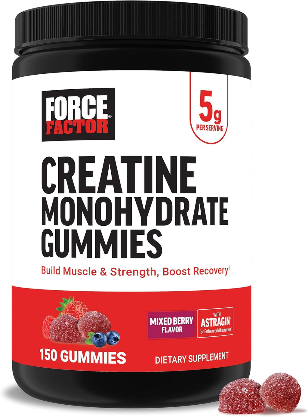 Force Factor Creatine Monohydrate Gummies, 5g Dose for Men Women to Support Muscle, Strength, Recovery, Cognitive Health Memory, Mixed Berry, 150 Gummies