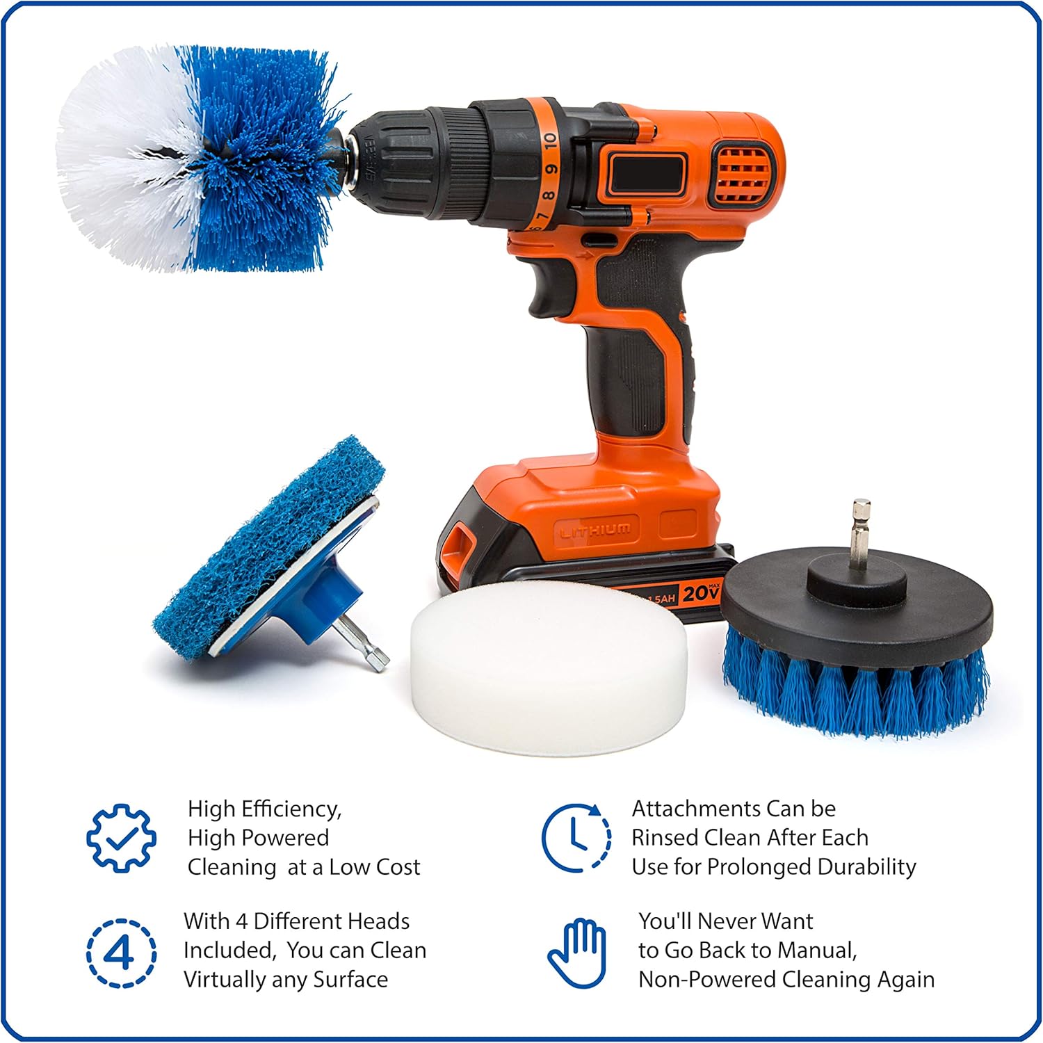 RevoClea Piec Scru Brus Powe Dril Attachments-Al Purpos Tim Savin Kit-Perfec fo Cleanin Grout Tile Counter Shower Grill Floor Kitchen Blu White