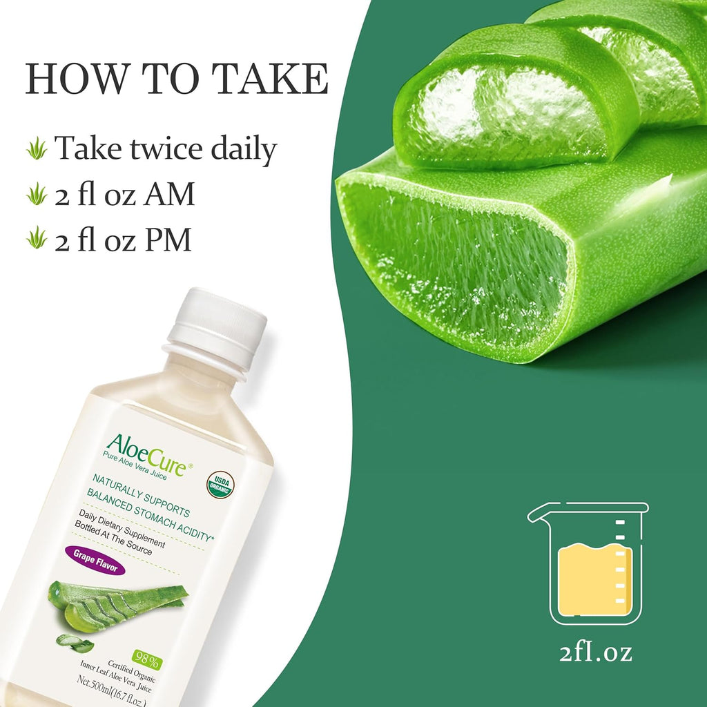 AloeCure USDA Organic Aloe Vera Juice Grape Flavor, Made Within 12 Hours of Harvest - Pure Aloe Vera Digestive & Immune Health Supplement, Helps Maintain Balanced Stomach Acidity, 16.7oz Bottle