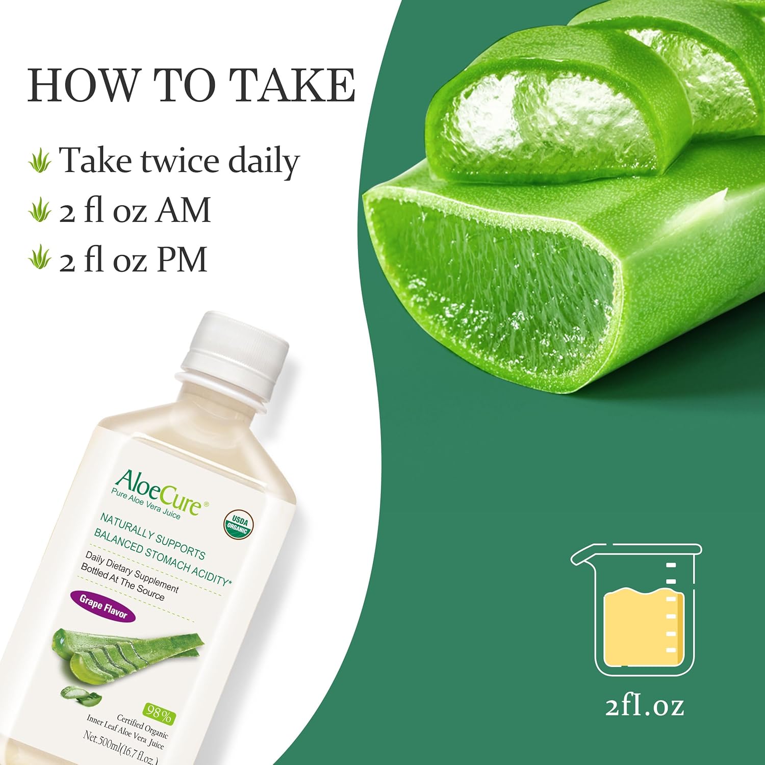 AloeCure USDA Organic Aloe Vera Juice Grape Flavor, Made Within 12 Hours of Harvest - Pure Aloe Vera Digestive & Immune Health Supplement, Helps Maintain Balanced Stomach Acidity, 16.7oz Bottle