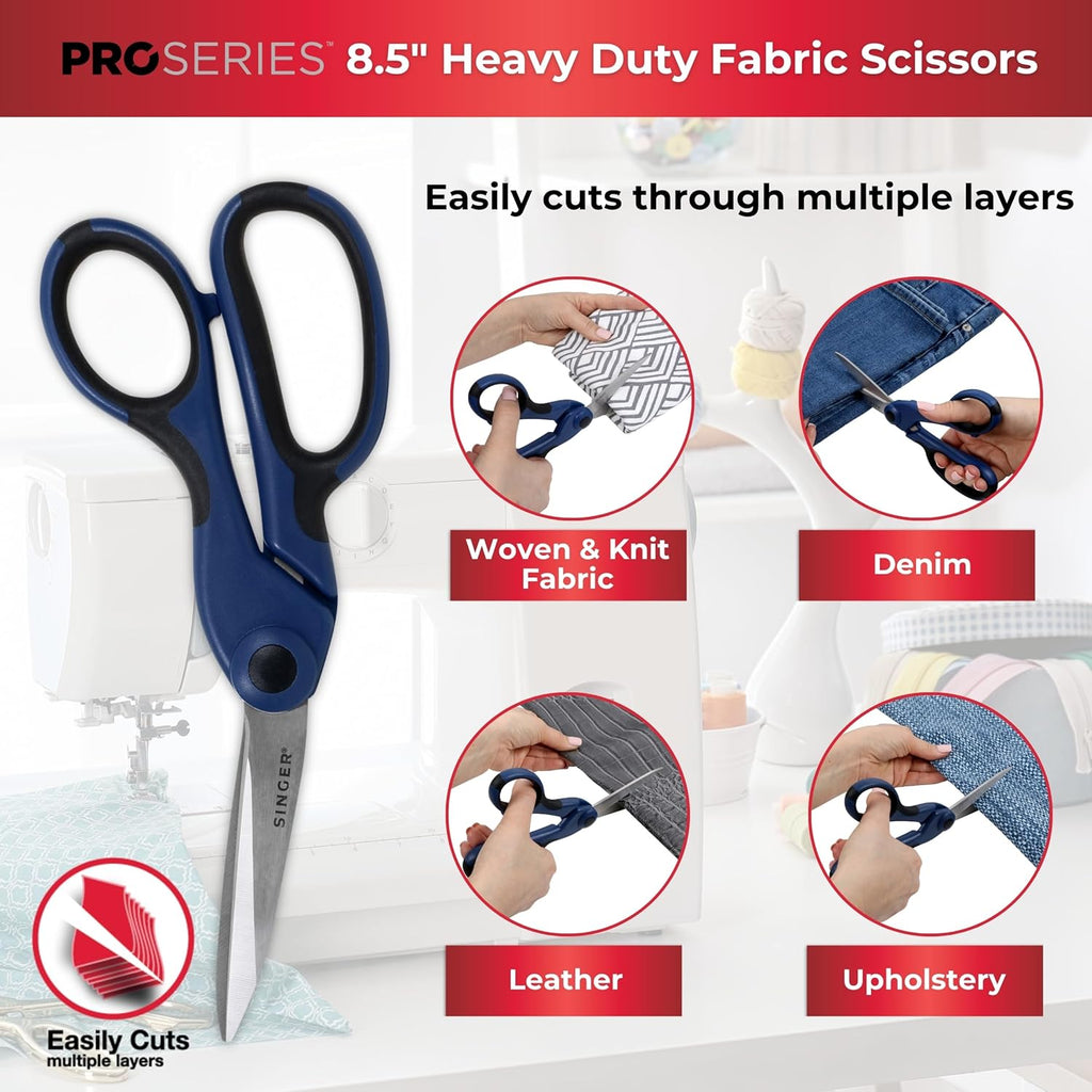 SINGER ProSeries Sewing Scissors Bundle: 8.5inch Heavy Duty Fabric, 4.5inch Detail Embroidery, 5inch Thread Snips With Comfort Grip (Dark Blue)