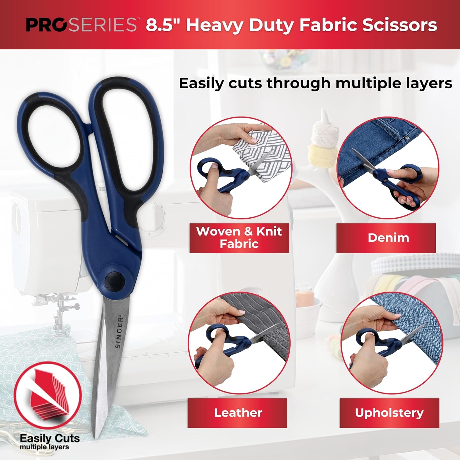 SINGER ProSeries Sewing Scissors Bundle: 8.5inch Heavy Duty Fabric, 4.5inch Detail Embroidery, 5inch Thread Snips With Comfort Grip (Dark Blue)