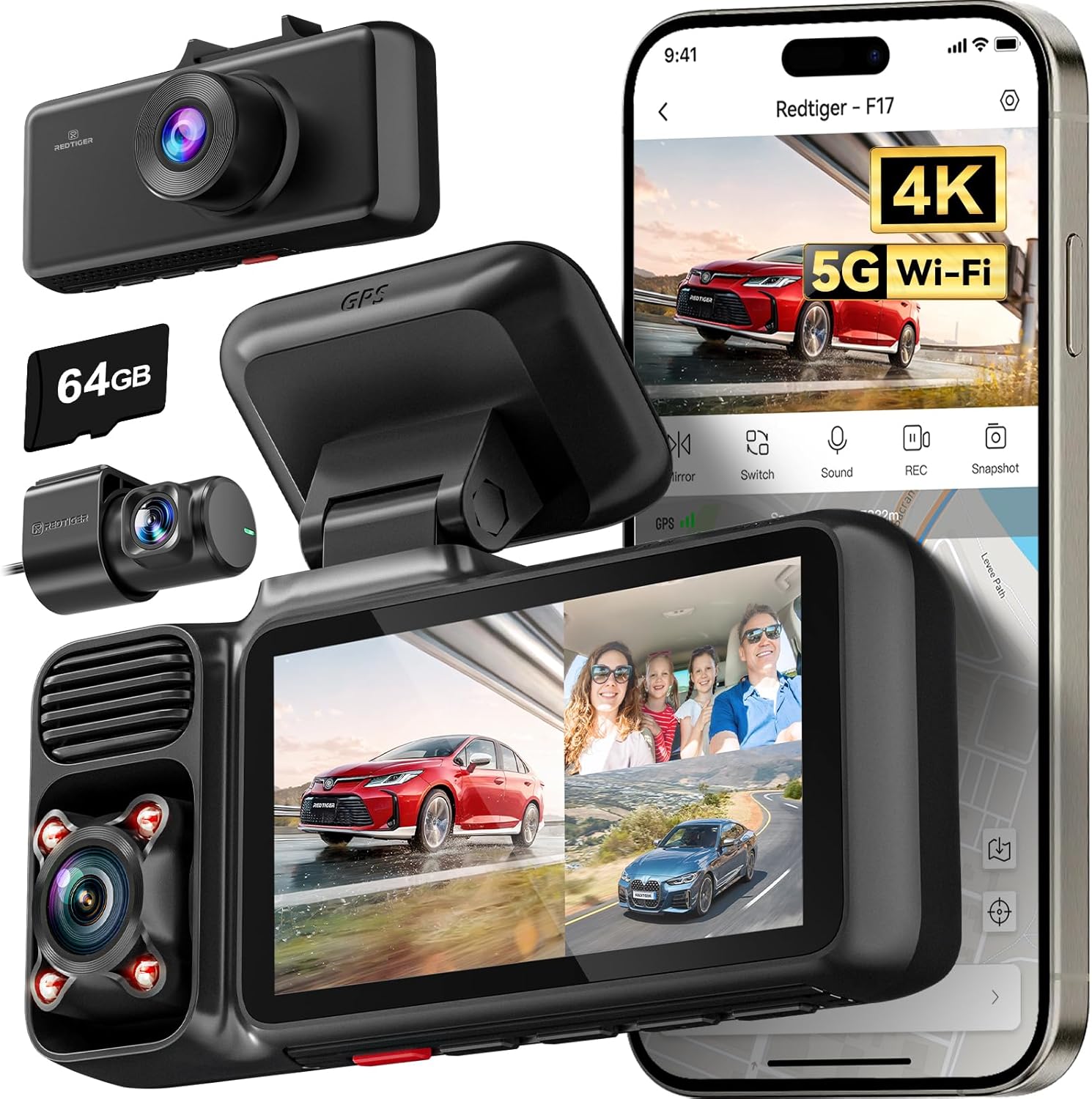 REDTIGE F1 4 Channe Das Cam 5GH WiF Built-i GP wit 64G Card 2160P+1080P+1080 Fron an Rea Inside Tripl Ca Camer wit Inc Screen I Nigh Vision Sensor WDR Parkin Mode