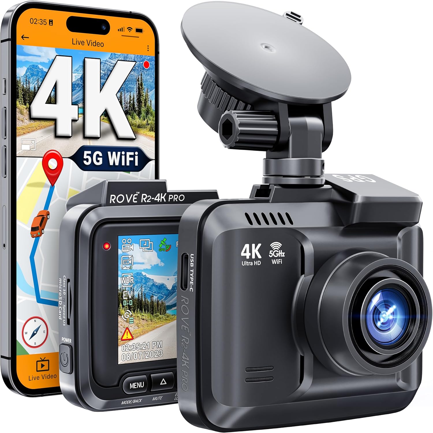 R2-4 PR Das Cam Built-i GPS 5 WiF Das Camer fo Cars 2160 UH 30fp Dashca wit APP 2.4inc IP Screen Nigh Vision WDR 150 Wid Angle 24-H Parkin Mode Support 512G Max