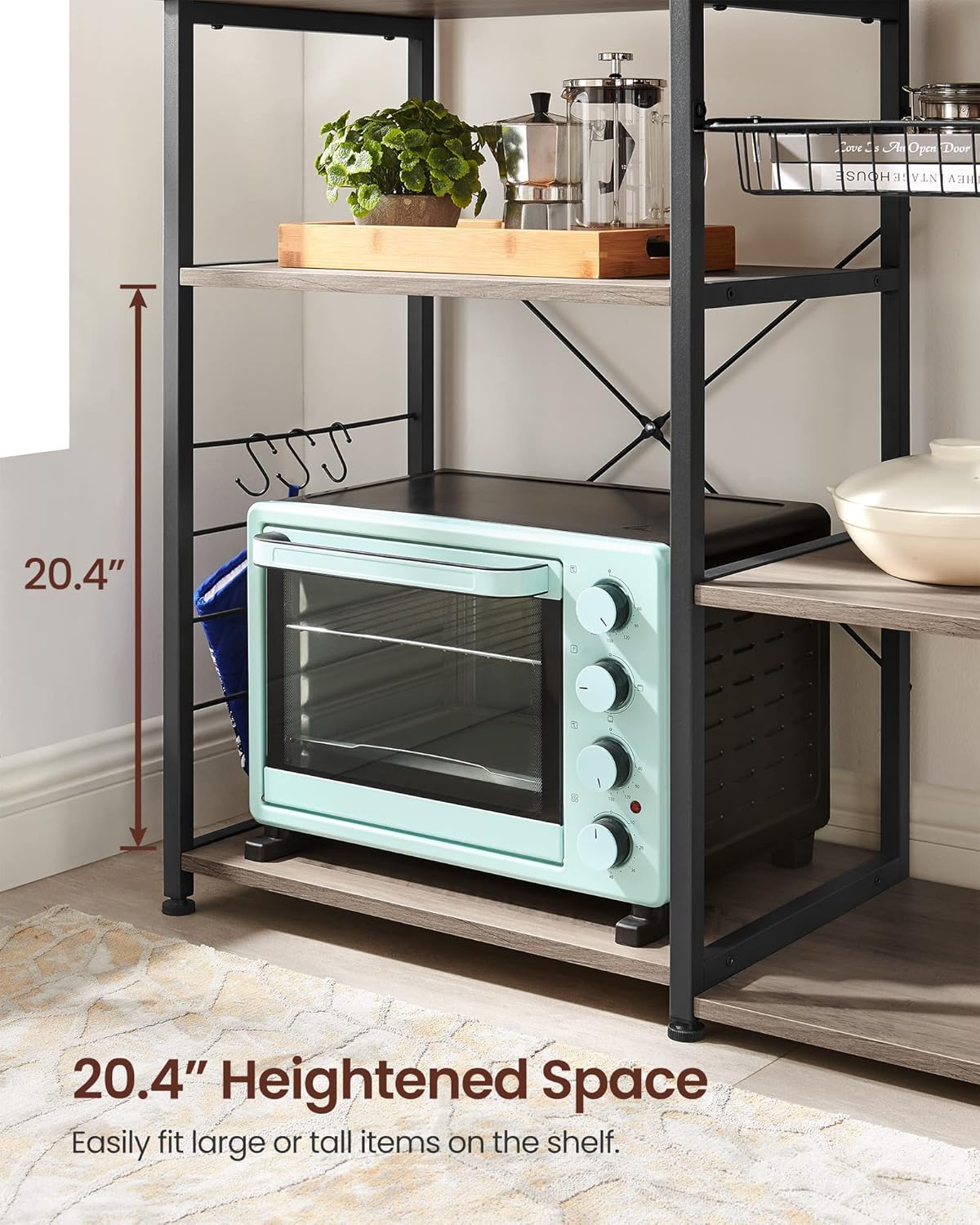 ALINRU Kitchen Baker¡¯s Rack, Coffee Bar, Microwave Oven Stand, with Steel Frame, Wire Basket, 6 Hooks, for Mini Oven, Spices Utensils, Industrial, Heather Greige and Ink Black UKKS090B02