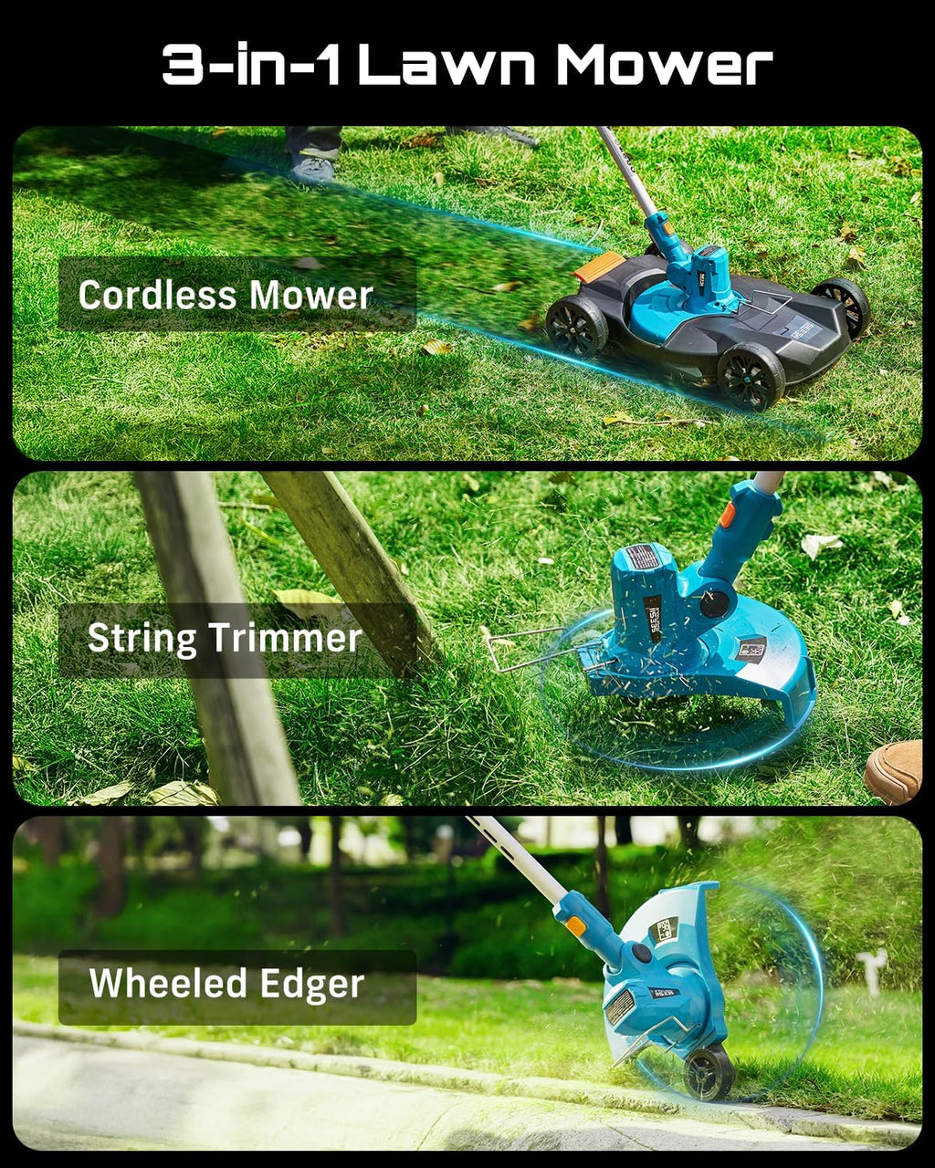 SEESI Electri Strin Trimme an Lea Blowe Comb Kit i Cordles Wee Wacke Gras Eate wit 1.3inch/2.1inc Height Batter 12inc Law Mowe Rotar Handhel Blowe wit 5-Spee fo Yar Lawn