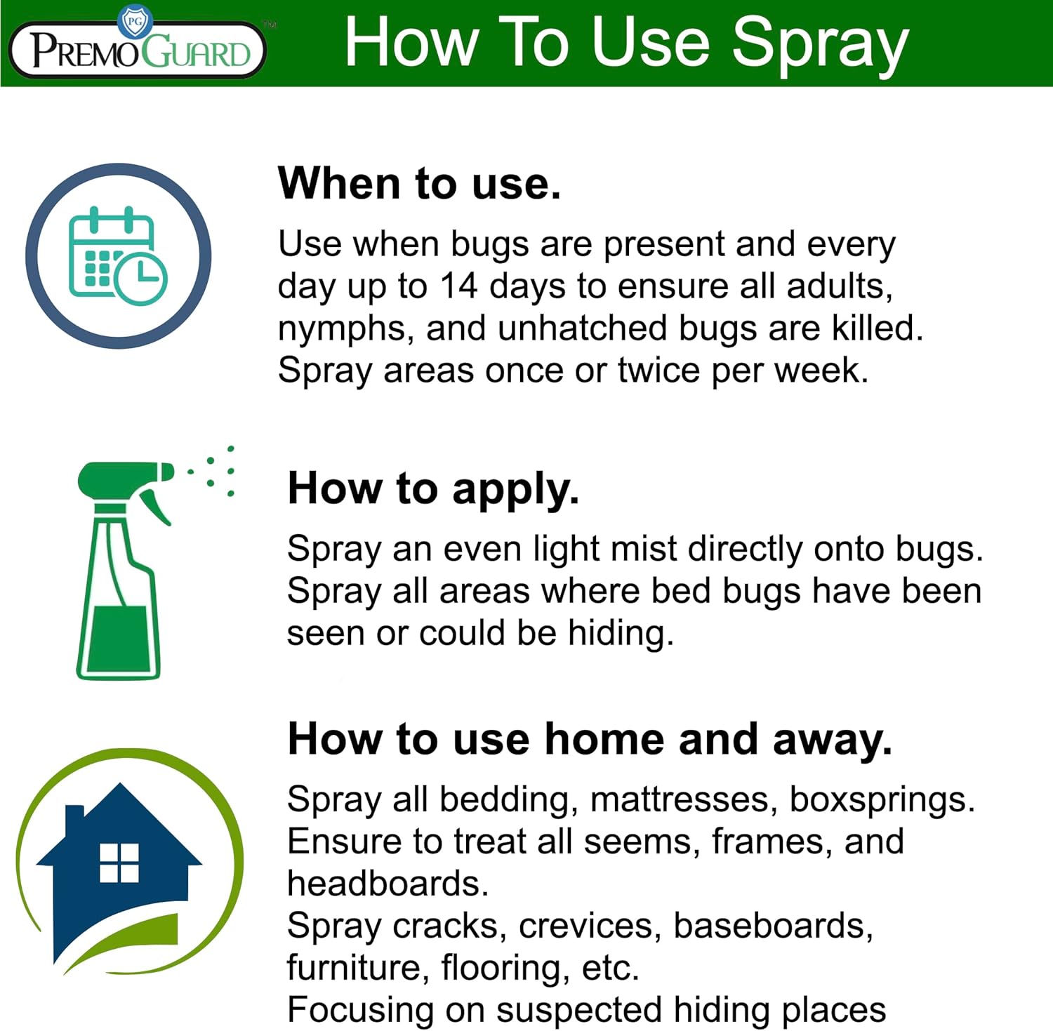 Premo Guard Bed Bug Killer Spray 16 oz - University Tested 100% Kill Rate - Natural Non Toxic, Stain Scent Free - Kill Bedbugs Mites On Bed Blankets, Furniture, Clothing - Child Pet Safe