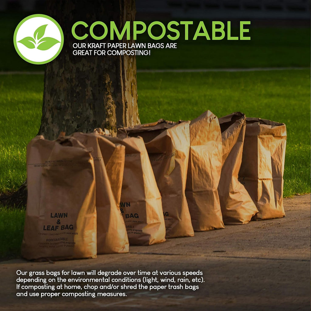 30 Gallon Kraft Lawn and Leaf Bags (20 Pack) Eco-Friendly Heavy Duty Large Paper Trash Bags, Tear Resistant Yard Waste Bags for Grass Clippings, Wet and Dry Leaves, Weeds, Twigs