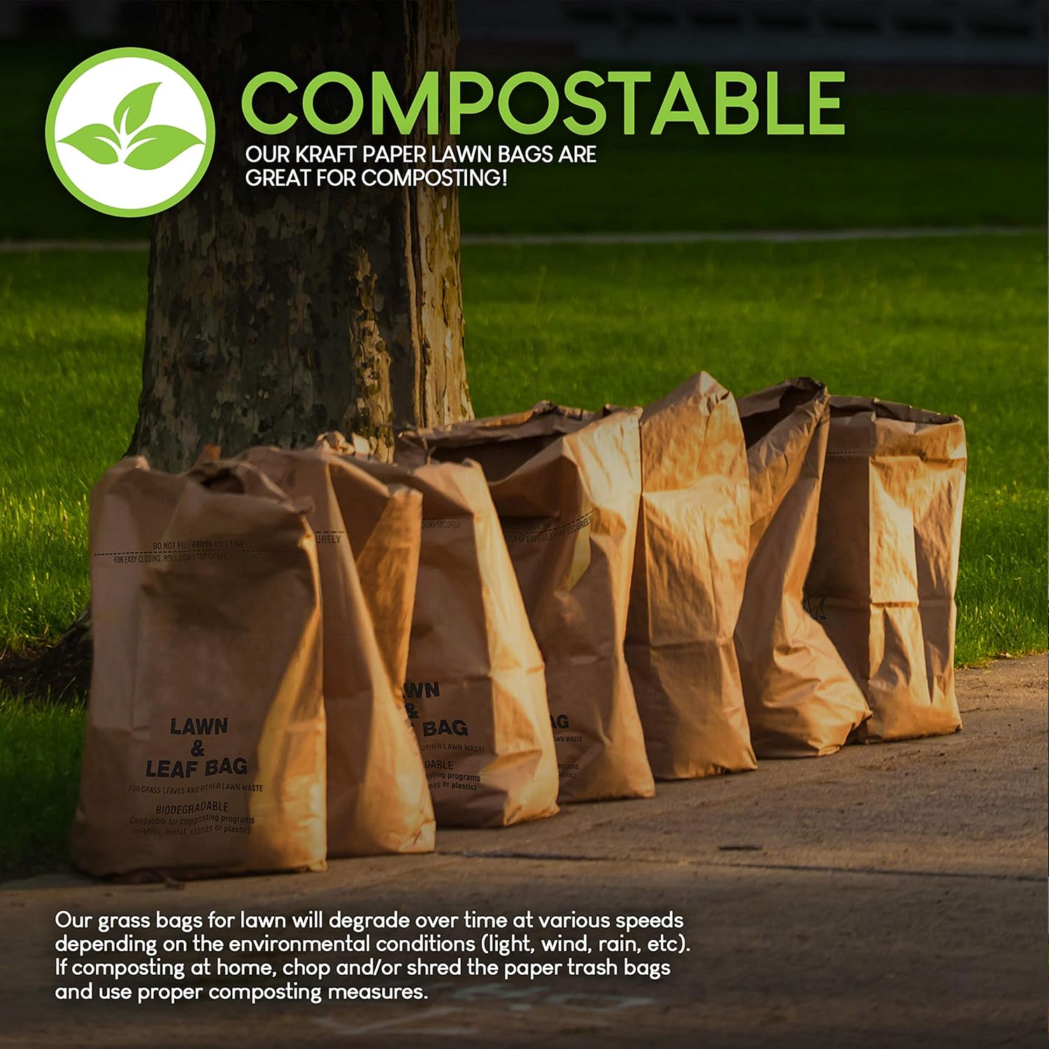 30 Gallon Kraft Lawn and Leaf Bags (20 Pack) Eco-Friendly Heavy Duty Large Paper Trash Bags, Tear Resistant Yard Waste Bags for Grass Clippings, Wet and Dry Leaves, Weeds, Twigs