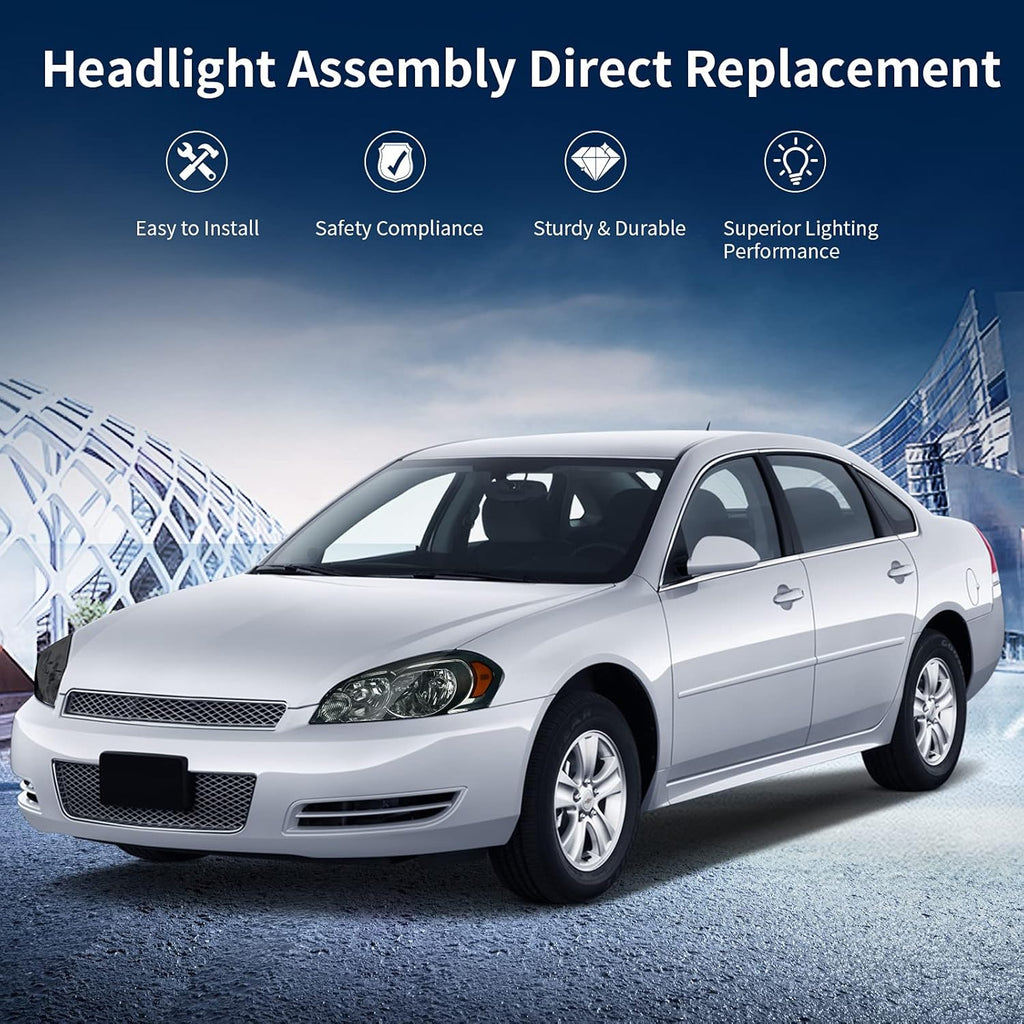 AUTOSAVER88 Headlight Assembly Compatible with 2006-2013 Chevy Impala 06 07 Chevy Monte Carlo Replacement Headlamp Driving Light Chrome Housing Amber Reflector Clear Lens 25958359 25958360